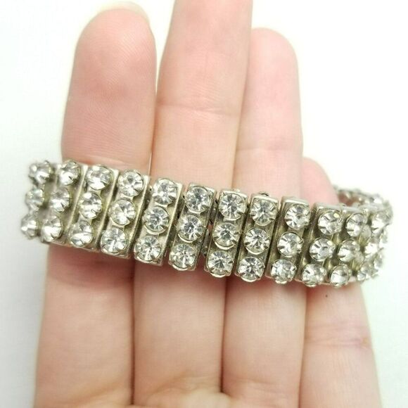 Vintage Three Row Rhinestone Stretch Expansion Bracelet, British Hong Kong - Picture 1 of 9